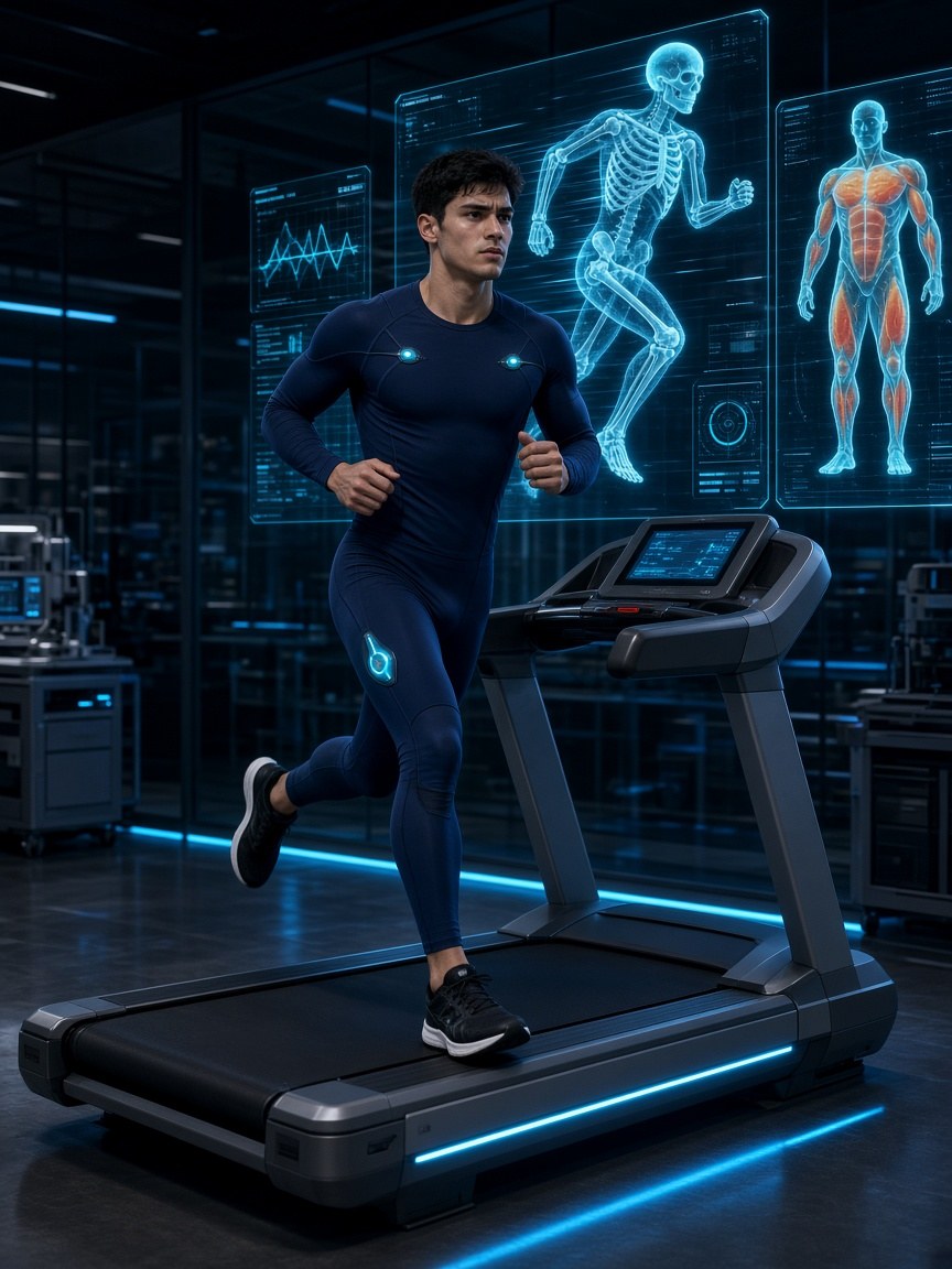 Atleta entrenando en un laboratorio de rendimiento con hologramas de datos