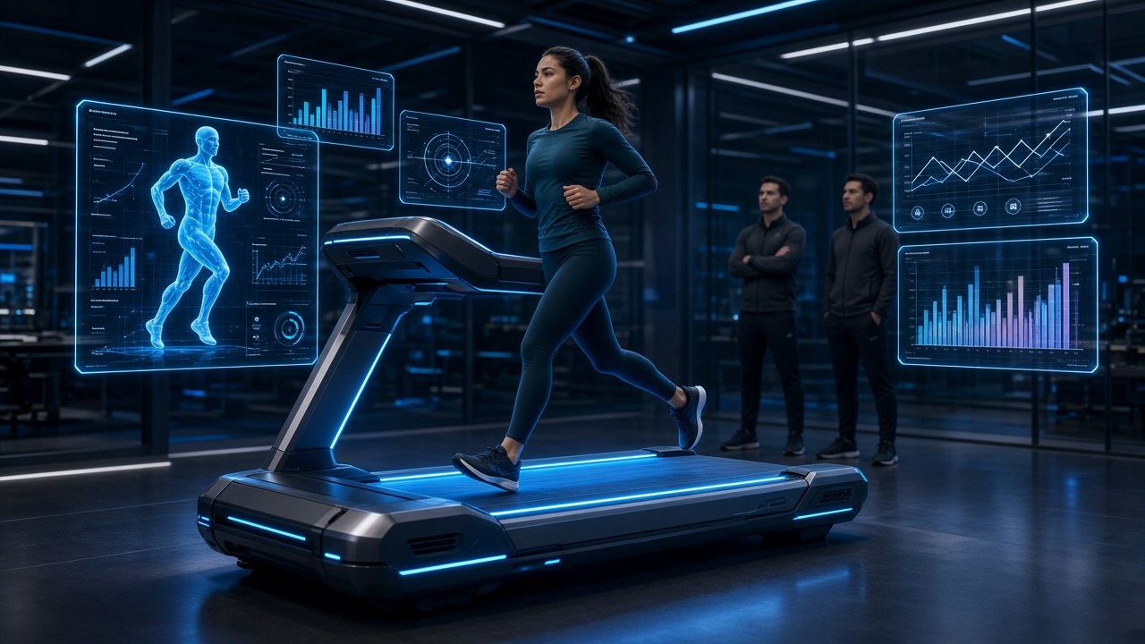 Atleta entrenando en un laboratorio de rendimiento con hologramas de datos